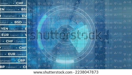 Image of stock market over scope scanning and server room. Global finances, computing and digital interface concept digitally generated image.