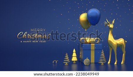 Christmas banner. Composition from gift box with golden bow, ball, gold deer, metallic pine, fir, spruce trees, festive helium balloons. New Year, Xmas background. Vector 3D illustration.