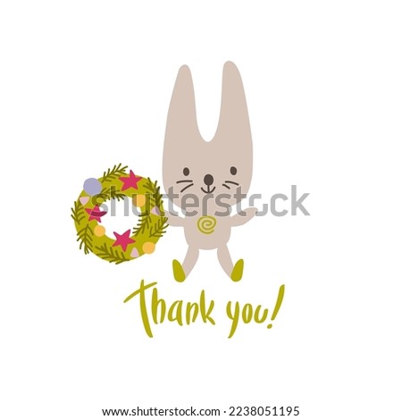Bunny with hand drawn lettering Thank you. Doodle kawaii style illustration. For kids design, scrapbooking, greetings, DIY projects