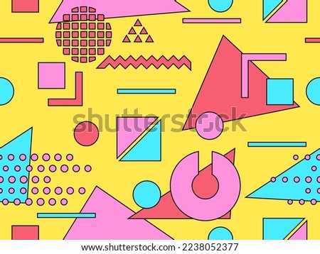 Memphis seamless pattern with geometric shapes in 80s style. 
Colorful geometric shapes, bauhaus style elements. Design of promotional products, wrapping paper and printing. Vector illustration