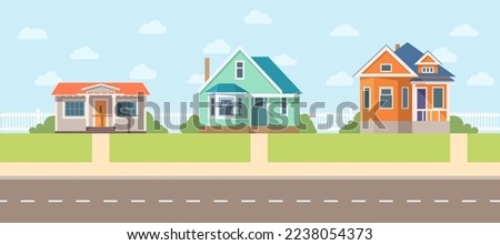 Street with private houses, quiet area in flat style. Vector illustration Royalty-Free Stock Photo #2238054373