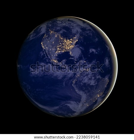 Image of planet earth with focus on North America and South America at night as seen from space. City lights can be seen. Digitally enhanced. Elements of this image furnished by NASA.   Royalty-Free Stock Photo #2238059141