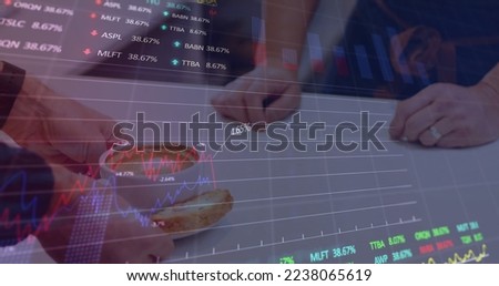 Image of data processing with graph over diverse people paying with smartwatch. Global technology, finances and digital interface concept digitally generated image.