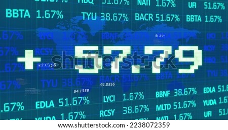 Image of addition symbol with numbers and trading board against map over blue background. Digitally generated, hologram, global, stock market, investment and technology concept.