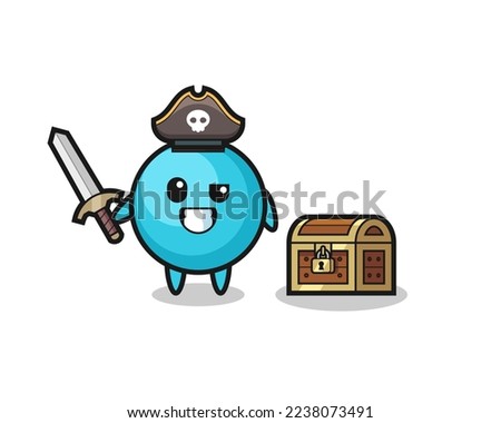 the blueberry pirate character holding sword beside a treasure box , cute style design for t shirt, sticker, logo element
