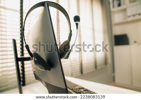 Essential equipment concept for competent online operators, call service agents, or online working. Customer service equipment, as well as helpdesk tools. Royalty-Free Stock Photo #2238083139