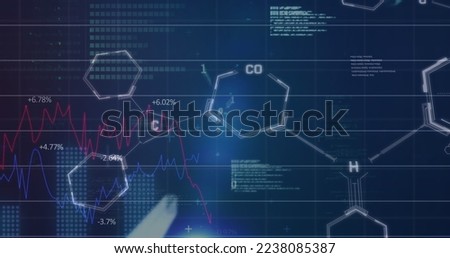 Image of financial data processing over chemical structures. Global finance, business and data processing concept digitally generated image.