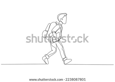 Illustration of schoolboy in a uniform running and holding a book. Single continuous line art style