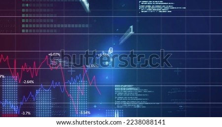 Image of financial data and graphs over navy background. Global finance and economy concept digitally generated image.