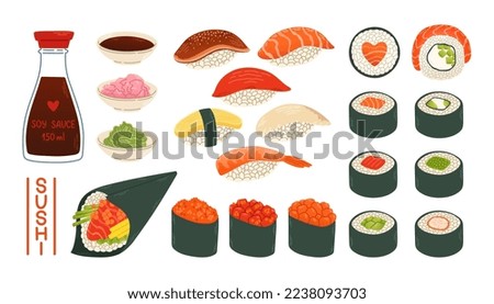 Sushi rolls gunkan temaki soy sauce ginger wasabi set japan asian food vector logo design pack isolated Royalty-Free Stock Photo #2238093703