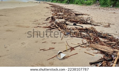 Beach pollution. Plastic, wood and other trash on sea beach. Ecological concept