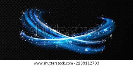 Abstract neon blue curve with snowflakes and shimmering dust png. Winter blizzard, frosty weather, fresh air flow, magic holiday atmosphere. Realistic vector illustration on transparent background