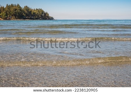 Beautiful island with sand and trees at the ocean. Beach sand and ocean waves sea water foam texture background. The sea wave rolls on the shore. Travel photo, nobody