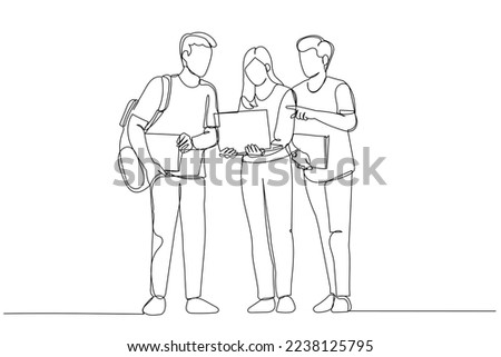Drawing of portrait of young students with laptop discussing homework. Single continuous line art style

