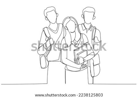Illustration of three happy students standing together with fun. Single line art style
