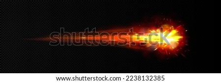 Space meteor, comet or asteroid with fire trail. Meteorite fireball or star cosmic object falling down with glowing gas and dust tail, galaxy and astronomy science, Realistic 3d vector illustration