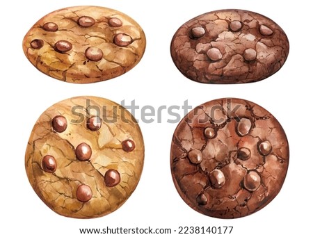 Chocolate chip cookie set. Cookie chocolate on a white background, sweet watercolor illustration, hand drawing painting