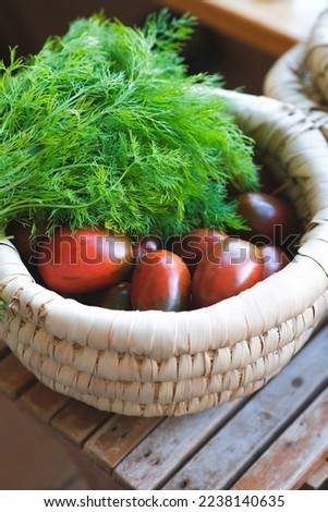 Handmade wicker basket with fresh farm vegetables. Healthy organic harvest. Tomatoes, dill. Gardening, farming as a hobby. Culinary. Ingredients for cooking vegetarian dishes. Local market. Artisanal.