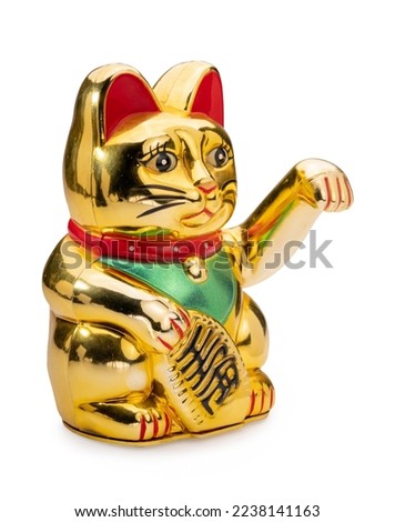 Maneki-neko money cat isolate on white with clipping path, lucky cat glitter gold is mean welcoming more money and gold with wording means "good luck good fortune"`to the owner. Royalty-Free Stock Photo #2238141163