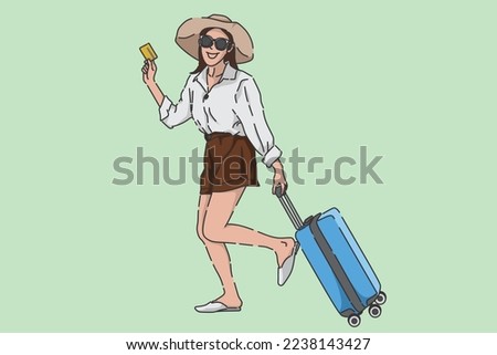 Holiday. Woman holding card while on vacation.Flat image