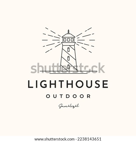 lighthouse line art logo vector minimalist illustration design, lighthouse with searchlight logo design