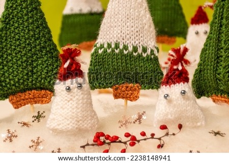 knitted trees and gnomes, knitted Christmas decorations, waiting for Christmas, advent decorations, needlework, knitting