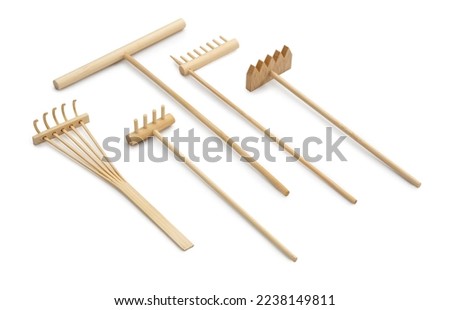 zen mini garden rake rock draving pen sand. bamboo tool set for meditation at home and in the office. Royalty-Free Stock Photo #2238149811