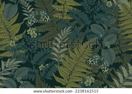 Fern leaves, flowers and night butterflies. Floral seamless pattern. Dark background. Vector illustration. Vintage engraving. Template for textile, wallpaper, paper.