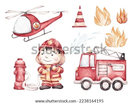 Fire station set isolated on white background. Hand drawn by watercolor. Cute kids design in cartoon style. Fire engine, helicopter, fireman and objects