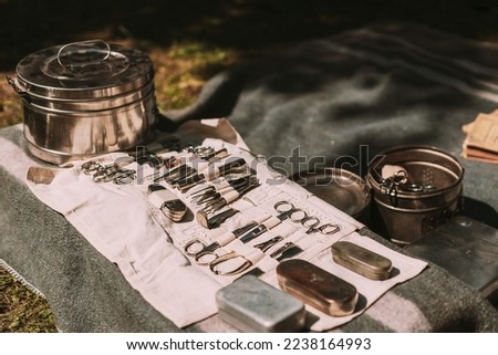 Old Medical And Surgical Instruments. Many Surgical Instruments For Surgery. Old Different Metal Medical Instruments Objects. Retro Stainless Surgical Equipment Tools. Royalty-Free Stock Photo #2238164993