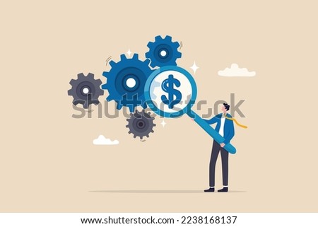 Cost effective, reduce cost and time to maximize better quality result, optimize cost and expense for better profit strategy concept, businessman with magnifier dollar money from cog gear production. Royalty-Free Stock Photo #2238168137