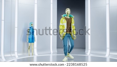 3D Fashion Show: Virtual Male Model Walking by the Metaverse Podum. Fashionable Casual Suit. Meetings in Virtual Space, Artificial World. Concept of Gamification and Realization of. 3D Illustration