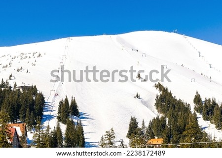 Aerial view ski slope,hill,trees,modern village house,hotels covered in snow in winter forest in mountains at alpine ski resort,nature. extreme sport travel.Calm countryside.Carpathians ,Dragobrat