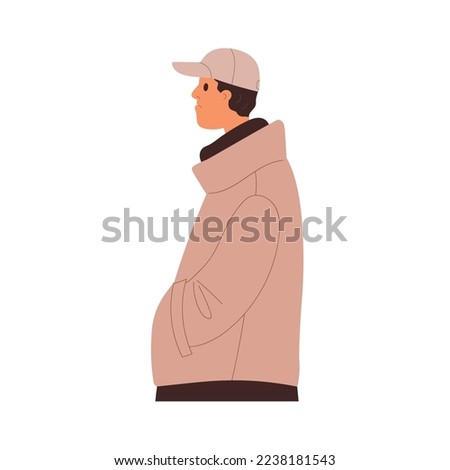 Ordinary man in casual clothes. Average person, sad citizen profile with neutral straight face expression. Male character in cap and jacket. Flat vector illustration isolated on white background