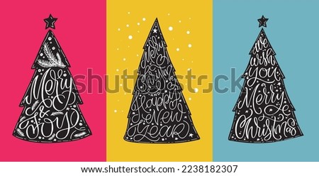 Christmas tree cute postcard. Merry Christmas and happy new year - cute postcard. Lettering label for poster, banner, web, sale, t-shirt design. New year holiday greeting card.