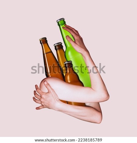 Contemporary art collage. Male hands hugging many beer bottles symbolizing drinking addiction. Health care. Problems. Concept of alcohol, lifestyle, abstract conceptual art. Poster, ad