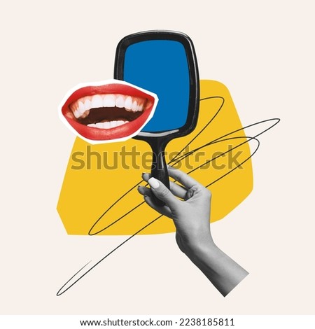 Contemporary art collage. Female mouth with red lipstick and white perfect teeth smiling over hand holding mirror. Concept of beauty, cosmetology, dental care, creativity, surrealism