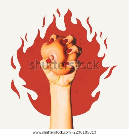 Contemporary art collage. Female hands squeezing rubber toy over red flame symbolizing passion. Concept of creativity, color artwork, symbol, imagination