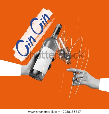 Contemporary art collage. Female hands clinking wine glass and bottle over orange background. Girlish party. Having fun, celebration. Concept of creativity, friendship, imagination. Poster, ad