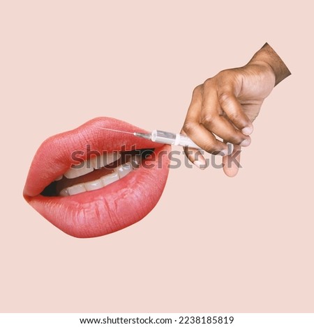 Contemporary art collage. Male hand, cosmetologist making female lips injections over pink background. Lip augmentation. Concept of beauty treatment, plastic surgery, medicine, clinical cosmetology