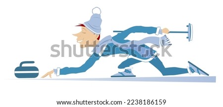 Smiling young man plays curling. 
Winter sport. Curling. Young man with curling brush pushes a stone towards a target. Isolated on white illustration
