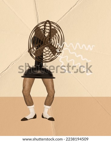 Contemporary art collage. Creative design. Male legs in female shoes with retro fan instead body on beige background. Hot days. Inspiration, idea, trendy urban magazine style, surrealism.