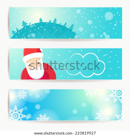Set of horizontal holidays christmas banners with blue background, santa with speech bubble and snowflakes