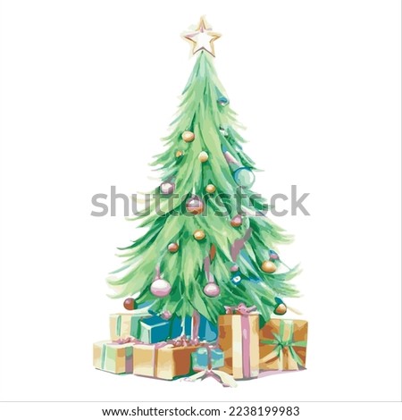 Fairytale Christmas tree with a variety of decorations on a white background. illustration isolated on white background. Vintage Christmas tree with Christmas decorations