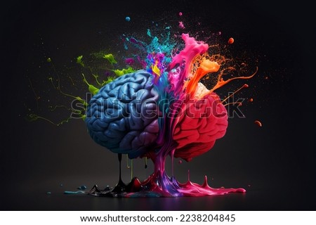 Creative art brain explodes with paints with splashes on a black background, concept idea Royalty-Free Stock Photo #2238204845