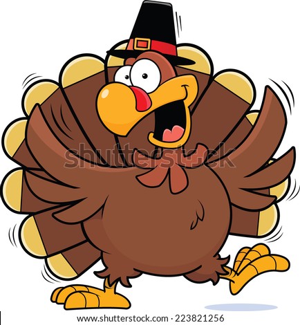 Cartoon illustration of a turkey happily dancing wearing a pilgrim hat. 