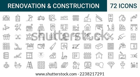 Set of 72 outline web icons. construction, home repair, renovation, building. Thin line icons collection. Vector illustration. Editable stroke Royalty-Free Stock Photo #2238217291