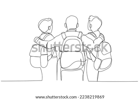 Illustration of three schoolboys rear view with backpacks standing and hugs. Single line art style
