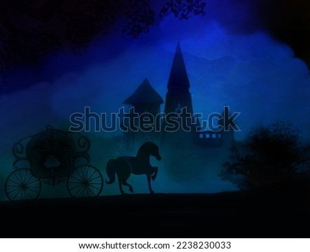 carriage and a medieval castle in the night