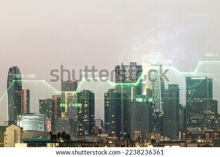 Multi exposure of abstract virtual graphic data spreadsheet sketch on Los Angeles cityscape background, analytics and analysis concept
